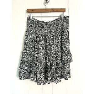 Lauren Ralph Lauren Skirt Womens 20W Black White Tiered Smocked Ruffle Mini Boho